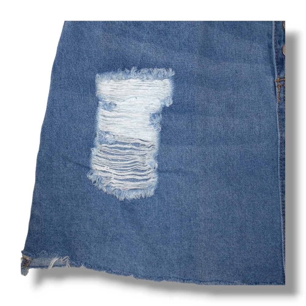 Indigo Rein Size 11 Distressed Raw Hem Mini Jean Skirt-Y2K-Micro-Button Fly - Picture 4 of 7